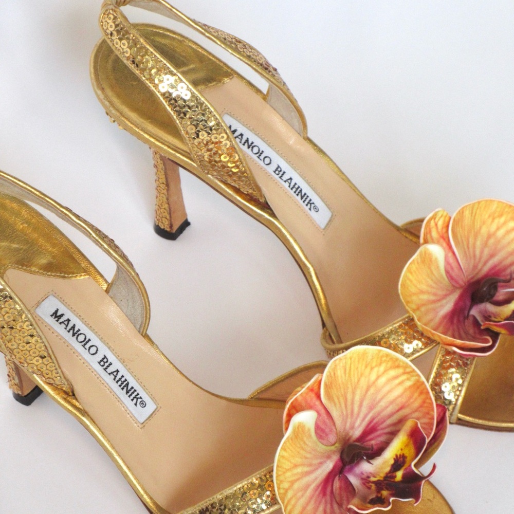 Manolo Blahnik Gold Orchid Embellished Heels
